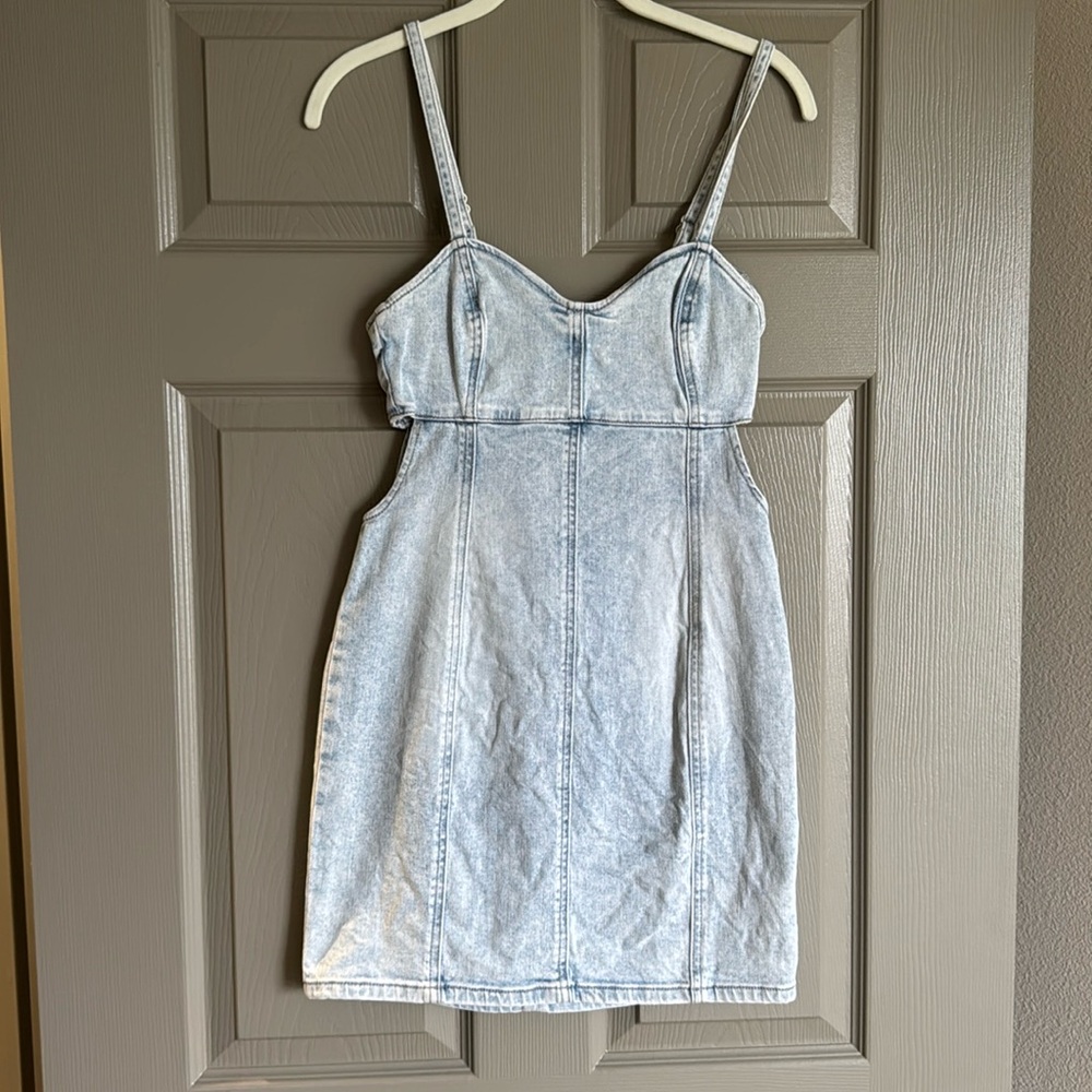 light denim mini dress with side cutouts, adjustable straps